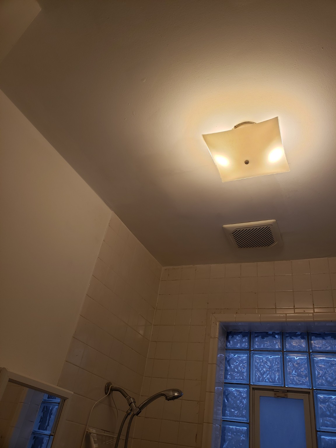 Finished bathroom ceiling with light and exhaust vent